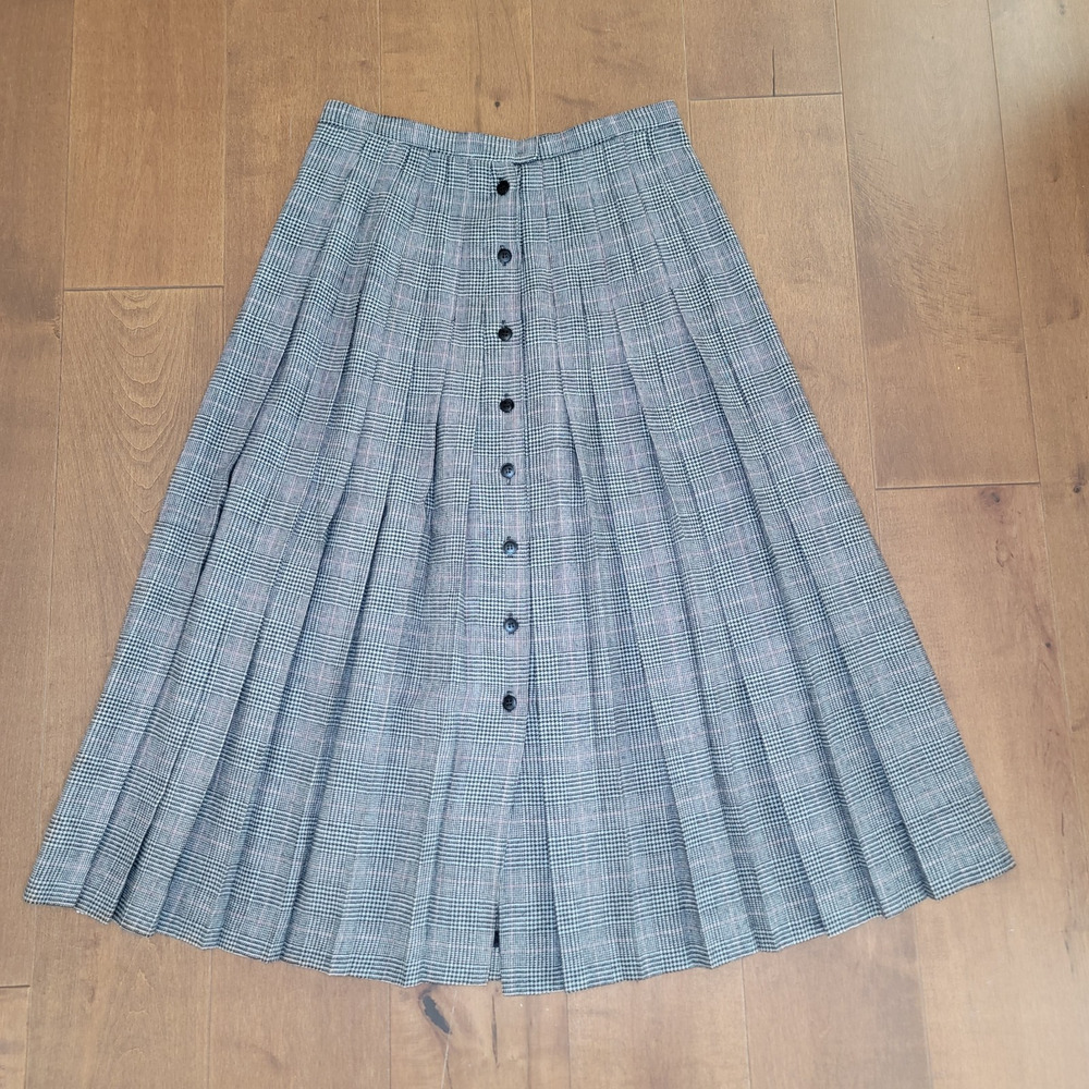 Vintage Lady Halrin 100 % Wool Plaid Pleated Skirt W/Sz 14 Gray Button Front